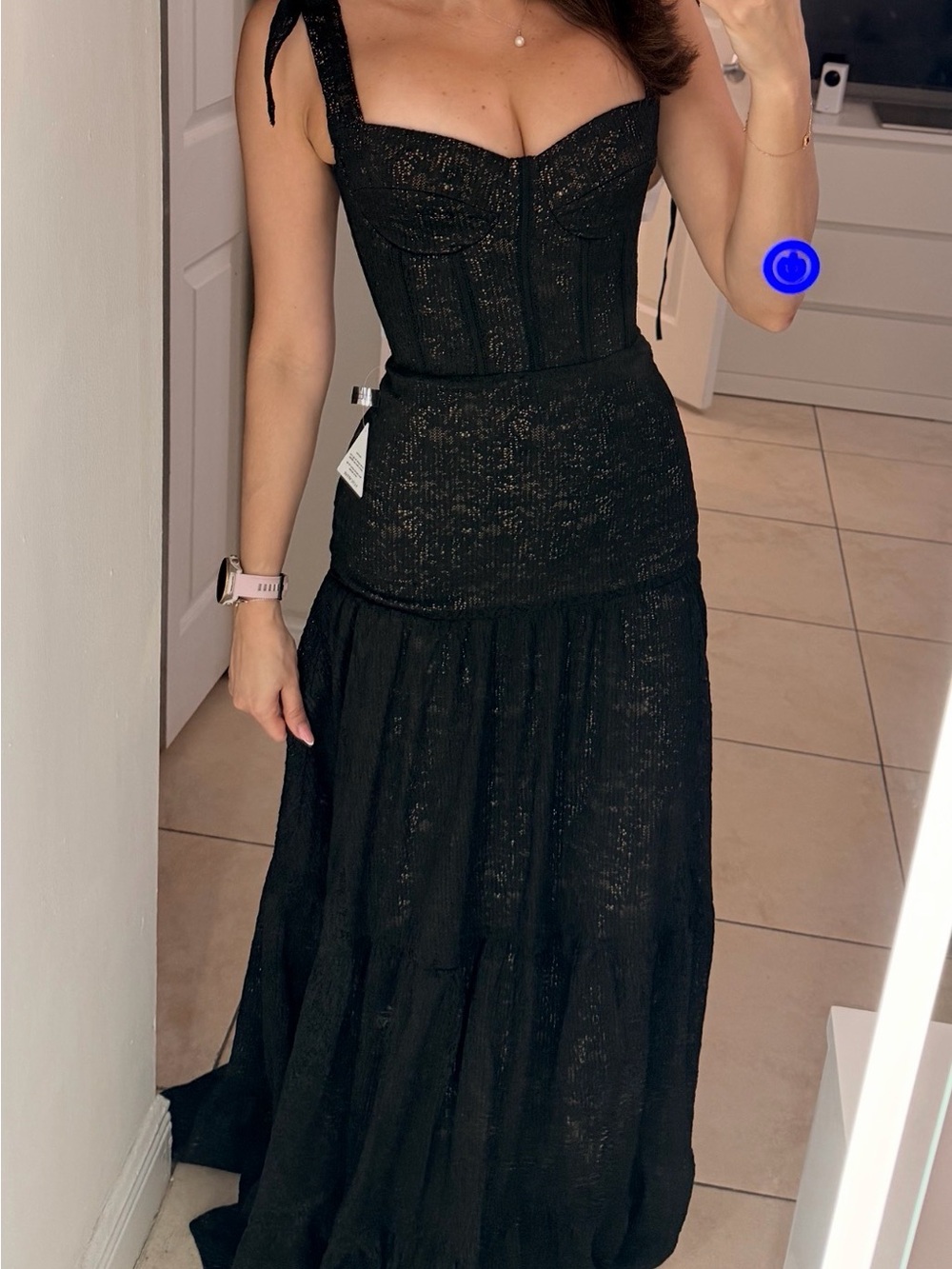 NADINE MERABI Black Corset Tie-Shoulder Maxi Dress